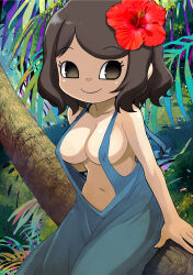 Rule 34 | 1girl, absurdres, animal crossing, bare arms, bare shoulders, blue overalls, breasts, brown eyes, brown hair, closed mouth, collarbone, covered erect nipples, eyelashes, flower, hair flower, hair ornament, hibiscus, highres, in tree, looking to the side, medium breasts, muramasa mikado, naked overalls, navel, nintendo, overalls, palm tree, red flower, sitting, sitting in tree, smile, solo, swept bangs, tree, villager (animal crossing)