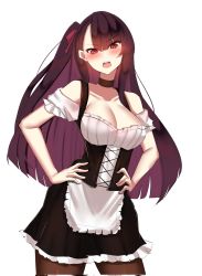 Rule 34 | 1girl, abineko, alternate costume, angry, apron, black choker, blush, breasts, choker, cowboy shot, enmaided, female focus, girls&#039; frontline, hand on own hip, highres, large breasts, long hair, looking at viewer, maid, maid apron, open mouth, pantyhose, purple hair, red eyes, side ponytail, simple background, wa2000 (girls&#039; frontline)