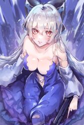 Rule 34 | 1girl, 2girls, absurdres, asakura shion, blue dress, bow, breasts, cleavage, collarbone, commission, detached sleeves, dot nose, dress, eyelashes, girls&#039; frontline, grey hair, gun, hair between eyes, hair bow, handgun, highres, holding, long hair, looking at viewer, looking up, medium breasts, mixed-language commentary, multiple girls, parted lips, red eyes, sidelocks, sitting, skeb commission, solo, strapless, strapless dress, tokarev (girls&#039; frontline), very long hair, weapon
