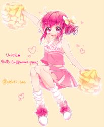 Rule 34 | 10s, 1girl, :d, arm up, bow, cheerleader, full body, hair bow, heart, hoshizora miyuki, looking at viewer, open mouth, pink bow, pink eyes, pink footwear, pink hair, pink skirt, pom pom (cheerleading), precure, shirt, shoes, short hair, short twintails, skirt, sleeveless, sleeveless shirt, smile, smile precure!, socks, solo, twintails, twitter username, uzuki aki, yellow background, yellow bow