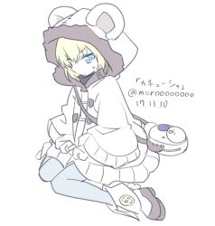 Rule 34 | 10s, 1girl, animal hood, bag, bear hood, black pantyhose, black sweater, blonde hair, blue eyes, boko (girls und panzer), boots, brown footwear, casual, character name, closed mouth, coat, commentary, dated, frown, full body, girls und panzer, handbag, hood, hooded coat, katyusha (girls und panzer), long sleeves, looking at viewer, moro (like the gale!), one-hour drawing challenge, outside border, pantyhose, short hair, simple background, sitting, solo, sweatdrop, sweater, twitter username, wariza, white background, white coat, wide sleeves