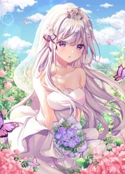 Rule 34 | 1girl, :o, bad id, bad pixiv id, bare shoulders, blush, bouquet, braid, breasts, bridal veil, bug, butterfly, cleavage, collarbone, commentary request, crown braid, day, dress, emilia (re:zero), flower, grey hair, hair flower, hair ornament, hair ribbon, highres, holding, holding bouquet, hyeya, insect, long hair, looking at viewer, medium breasts, open mouth, outdoors, pink flower, purple eyes, purple flower, re:zero kara hajimeru isekai seikatsu, ribbon, scenery, sleeveless, sleeveless dress, smile, solo, strapless, strapless dress, v arms, veil, wedding dress, white dress, white flower, x hair ornament