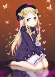 Rule 34 | 1girl, :o, abigail williams (fate), absurdres, between legs, black footwear, black hat, blonde hair, bloomers, blue eyes, blush, bow, bug, butterfly, commentary request, daru (kumakumadon), dress, fate/grand order, fate (series), forehead, full body, hair bow, hand between legs, hands in opposite sleeves, hat, head tilt, highres, hugging object, insect, long hair, long sleeves, looking at viewer, orange bow, parted bangs, parted lips, polka dot, polka dot bow, purple bow, purple dress, purple hat, reflection, sitting, solo, stuffed animal, stuffed toy, teddy bear, underwear, very long hair, wariza, white bloomers