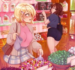 Rule 34 | 2girls, ^^^, artist name, bag, black shirt, black shorts, blonde hair, blush, borrowed character, brown eyes, brown hair, candy, candy hair ornament, earrings, english text, food, food-themed hair ornament, hair bun, hair ornament, hairclip, highres, indoors, jacket, jar, jewelry, kinder surprise, lollipop, long sleeves, looking at another, merunyaa, multiple girls, nose blush, open mouth, original, pink shirt, plaid, plaid skirt, pointing, sammy (bestsammy), shirt, short hair, shorts, shoulder bag, signature, single hair bun, skirt, sweets, swirl lollipop, tied shirt, watermark, yellow eyes