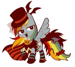 Rule 34 | 1girl, :d, artist request, bat wings, candy, candy cane, cutie mark, eyelashes, fang, food, full body, halloween, hat, jack-o&#039;-lantern, looking at viewer, multicolored hair, my little pony, my little pony: friendship is magic, no humans, open mouth, pegasus, pony (animal), pumpkin, rainbow dash, rainbow hair, rainbow order, sikaku367, simple background, smile, socks, solo, standing, striped clothes, striped legwear, striped socks, tail, top hat, veil, white background, wings