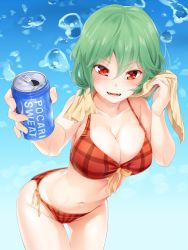 Rule 34 | 1girl, :d, adapted costume, asutora, bare arms, bare legs, bare shoulders, bikini, blush, breasts, bubble, cleavage, collarbone, commentary request, cowboy shot, eyebrows, front-tie top, gradient background, green hair, hair between eyes, halterneck, highres, kazami yuuka, large breasts, leaning forward, looking at viewer, navel, open mouth, plaid, plaid bikini, pocari sweat, reaching, reaching towards viewer, red bikini, red eyes, short hair, side-tie bikini bottom, smile, soda, solo, string bikini, swimsuit, teeth, thighs, touhou, towel, towel around neck, wavy hair