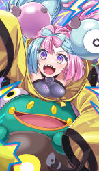 Rule 34 | 1girl, absurdres, bellibolt, blue hair, bow-shaped hair, breasts, character hair ornament, creatures (company), game freak, hair ornament, hexagon print, highres, iono (pokemon), jacket, long hair, looking at viewer, low-tied long hair, medium breasts, multicolored hair, nintendo, open mouth, oversized clothes, pink eyes, pink hair, pokemon, pokemon sv, sharp teeth, sharumon, shirt, sleeveless, sleeveless shirt, sleeves past fingers, sleeves past wrists, split-color hair, star (symbol), star in eye, symbol in eye, teeth, two-tone hair, very long hair, very long sleeves, x, yellow jacket