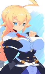Rule 34 | 1girl, ahoge, artist name, belt, blazblue, blonde hair, blue background, blue eyes, braid, breasts, dress, es (xblaze), expressionless, frilled dress, frilled shirt collar, frills, hair between eyes, hair ornament, hand on own chest, highres, huge ahoge, jellcaps, large breasts, long hair, necktie, simple background, solo, wide sleeves, xblaze