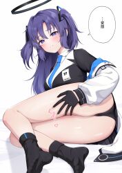 Rule 34 | 1girl, black gloves, black panties, black skirt, black socks, black suit, blue archive, blue necktie, blush, collared shirt, commentary request, dopushan, feet, formal, gloves, halo, hand on own thigh, highres, id card, jacket, legs, long hair, long sleeves, looking at viewer, miniskirt, necktie, no shoes, off shoulder, open clothes, open jacket, panties, pleated skirt, purple eyes, purple hair, shirt, sidelocks, simple background, skirt, socks, solo, suit, sweatdrop, thick thighs, thighs, toes, translation request, two-sided fabric, two-sided jacket, two side up, underwear, white background, white jacket, white shirt, yuuka (blue archive)