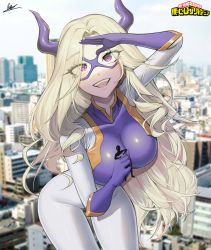 Rule 34 | 1girl, 1other, :d, absurdres, arm up, bil-ajeossi, blonde hair, blurry, blurry background, bodysuit, boku no hero academia, breasts, cityscape, commentary, copyright name, depth of field, elbow gloves, english commentary, eye mask, eyes visible through hair, giant, giantess, gloves, highres, holding person, horns, large breasts, long hair, mount lady, open mouth, parted bangs, purple eyes, purple gloves, signature, smile, solo focus, teeth, turtleneck, turtleneck bodysuit, upper teeth only, very long hair, white bodysuit