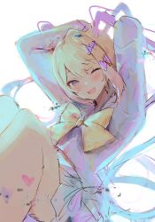 Rule 34 | 1girl, arms up, blonde hair, blue eyes, blue hair, blue shirt, blush, bow, chouzetsusaikawa tenshi-chan, commentary, english commentary, hair bow, highres, knees up, long hair, long sleeves, looking at viewer, maru ccy, multicolored hair, needy girl overdose, one eye closed, open mouth, pink hair, quad tails, school uniform, serafuku, shirt, smile, solo, twintails, very long hair, yellow bow