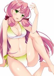 Rule 34 | 10s, 1girl, akashi (kancolle), bad id, bad pixiv id, bikini, blush, breasts, cleavage, green eyes, hair ribbon, jewelry, kantai collection, long hair, looking at viewer, navel, open mouth, pink hair, ribbon, rin ateria, ring, simple background, solo, swimsuit, tress ribbon, twintails