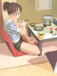 Rule 34 | 1girl, bad id, barefoot, brown hair, chopsticks, cup, drink, eating, food, glasses, hood, hoodie, ikagawa, ponytail, quzilax, rice, short hair, shorts, sitting, smile, solo, striped