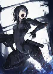 Rule 34 | 1girl, action, aqua eyes, arched back, black hair, blood, bodysuit, buckle, commentary request, gun, hetza (hellshock), looking to the side, military, open mouth, original, revision, short hair, snap-fit buckle, solo, weapon