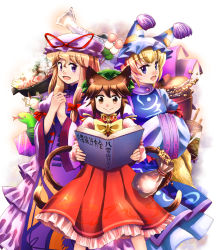 Rule 34 | 3girls, adapted costume, alternate eye color, alternate hair color, animal ears, animal hat, bean bag, behind another, blonde hair, blue eyes, blush, book, brown background, brown eyes, brown hair, cat ears, chen, closed mouth, commentary request, dango, dress, fingernails, fish, flame print, food, fox tail, frilled dress, frills, frog, gradient background, gradient dress, gradient hat, green headwear, hat, hat ribbon, holding, holding book, hotpot, jack-in-the-box, light blue dress, light brown hair, long hair, long sleeves, looking at viewer, mob cap, multiple girls, multiple tails, mushroom, open book, open mouth, own hands together, patterned clothing, petticoat, puffy long sleeves, puffy sleeves, purple dress, purple eyes, purple headwear, purple trim, red dress, ribbon, sanshoku dango, shiitake, shiizako you, shiny clothes, shiny skin, short hair, skirt, sleeveless, sleeveless dress, smile, snake, tabard, tail, touhou, toy, turtleneck dress, two tails, wagashi, wave print, white background, white dress, white headwear, yakumo ran, yakumo yukari, yellow neckwear, yellow ribbon