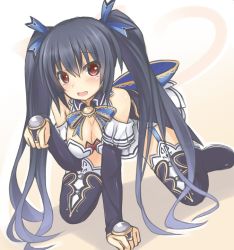 Rule 34 | 10s, 1girl, bare shoulders, black footwear, black hair, black thighhighs, blush, boots, breasts, bridal gauntlets, cleavage, hair ornament, hanging breasts, kneeling, kosen dream, long hair, looking at viewer, medium breasts, neptune (series), noire (neptunia), open mouth, paw pose, red eyes, ribbon, smile, solo, thigh boots, thighhighs, twintails