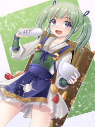 Rule 34 | 1girl, apron, blue eyes, fire emblem, fire emblem fates, green hair, highres, japanese clothes, looking at viewer, midori (fire emblem), midorinor, mortar (bowl), nintendo, o-ring, open mouth, pestle, short twintails, twintails