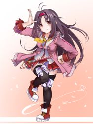 Rule 34 | 1girl, alternate costume, antenna hair, artist name, black thighhighs, bow, breasts, commentary request, frills, hairband, highres, jacket, lavie, long hair, looking at viewer, medium breasts, pink jacket, pointy ears, purple hair, red eyes, red footwear, red hairband, red skirt, shirt, shoes, skirt, smile, solo, sword art online, thighhighs, white bow, white shirt, yuuki (sao)