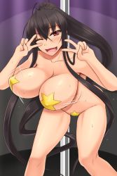 Rule 34 | 1girl, akitsuki karasu, black hair, bouncing breasts, breasts, cleavage, collarbone, double v, fang, female focus, gradient background, highres, kurochijo, large breasts, long hair, looking at viewer, maebari, nude, one eye closed, open mouth, original, pasties, pole, pole dancing, red eyes, smile, solo, star pasties, stripper pole, sweat, v, very long hair
