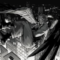 Rule 34 | 1boy, absurdres, boku no hero academia, boots, cityscape, crossed legs, facial hair, feathered wings, flying, full body, goggles, greyscale, hawks (boku no hero academia), highres, kogu (nue insideout), looking at viewer, male focus, monochrome, night, pants, short hair, smile, smug, solo, spread wings, stubble, wings