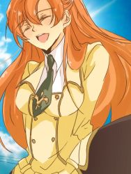 Rule 34 | 00s, 1girl, :d, ^ ^, bad id, bad pixiv id, blazer, breasts, buttons, closed eyes, code geass, hatsuko, jacket, long hair, long sleeves, medium breasts, open mouth, orange hair, shirley fenette, smile, solo, upper body, very long hair