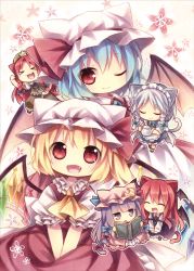 Rule 34 | &gt; &lt;, 6+girls, :3, :d, :o, ;), ^ ^, animal ears, apron, ascot, bat wings, blue hair, book, braid, cat ears, cat tail, chibi, colored pencil (medium), crescent, crescent hair ornament, closed eyes, fang, flandre scarlet, hair ornament, hat, hat ribbon, hat with ears, head wings, highres, hong meiling, izayoi sakuya, kagami leo, kemonomimi mode, koakuma, looking at viewer, maid, maid apron, maid headdress, marker (medium), multiple girls, one eye closed, open book, open mouth, patchouli knowledge, purple eyes, purple hair, reading, red eyes, red hair, remilia scarlet, ribbon, shirt, side ponytail, silver hair, skirt, skirt set, smile, tail, teapot, touhou, traditional media, twin braids, v arms, vest, waist apron, wings, wink, x3, xd