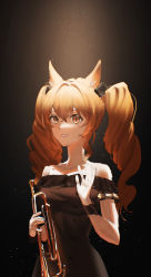Rule 34 | 1girl, absurdres, angelina (arknights), animal ears, arknights, bare shoulders, black dress, breasts, brown eyes, brown hair, collarbone, dark background, dress, fox ears, highres, holding, holding instrument, instrument, light, light particles, long hair, medium breasts, off-shoulder dress, off shoulder, official alternate costume, parted lips, sidelocks, smile, solo, trumpet, twintails, upper body, waving, wrist cuffs, yurusu delight