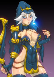 Rule 34 | 1girl, ashe (league of legends), blue eyes, bow (weapon), breasts, fingerless gloves, gloves, grey hair, hood, large breasts, league of legends, lips, looking at viewer, narrow waist, no panties, romehamu, shiny skin, solo, thighhighs, weapon