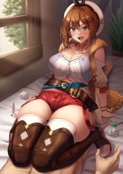 Rule 34 | 1boy, 1girl, absurdres, atelier (series), atelier ryza, atelier ryza 1, bare shoulders, belt, between thighs, blouse, blush, breasts, brown belt, brown eyes, brown gloves, brown hair, cleavage, clothed female nude male, collarbone, flask, girl on top, gloves, grinding, hetero, highres, jacket, jewelry, large breasts, leather belt, momo no sukebe, navel, necklace, nude, open mouth, penis, plant, red shorts, reisalin stout, shirt, short hair, short shorts, shorts, sitting, smile, star (symbol), star necklace, thigh sex, white shirt, yellow jacket