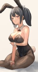 Rule 34 | 1girl, animal ears, black hair, black leotard, black pantyhose, bow, bowtie, breasts, cleavage, detached collar, grey background, grey eyes, highres, kantai collection, large breasts, leotard, long hair, looking at viewer, pantyhose, playboy bunny, rabbit ears, rabbit tail, simple background, sitting, solo, souryuu (kancolle), strapless, strapless leotard, tail, twintails, wrist cuffs, wss (nicoseiga19993411), yokozuwari