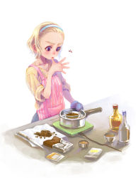 Rule 34 | 1girl, apron, blonde hair, chocolate, chocolate making, cooking, cooking pot, forehead, hairband, original, purple eyes, simple background, sleeves rolled up, solo, weno, weno&#039;s blonde original character