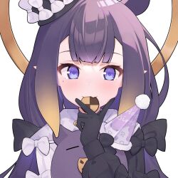 Rule 34 | 1girl, black gloves, bow, checkerboard cookie, cookie, cp2980606, eating, fang, food, gloves, halo, hat, hololive, hololive english, long sleeves, looking at viewer, mole, mole under eye, ninomae ina&#039;nis, ninomae ina&#039;nis (party dress), official alternate costume, party hat, pointy ears, purple eyes, purple hair, skin fang, solo, takodachi (ninomae ina&#039;nis), tentacle hair, upper body, virtual youtuber