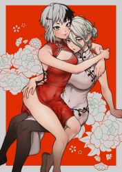 Rule 34 | 2girls, absurdres, asagiri gen, black hair, black thighhighs, breasts, china dress, chinese clothes, covered navel, dcon 34, dr. stone, dress, genderswap, genderswap (mtf), grey eyes, grey hair, hair ornament, hairclip, hands on ass, highres, hug, ishigami senkuu, large breasts, medium breasts, medium hair, multicolored hair, multiple girls, no panties, pantyhose, red dress, red eyes, sitting, sitting on person, streaked hair, thighhighs, white dress, white hair, yuri