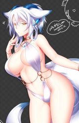 Rule 34 | 1girl, animal ears, bare shoulders, bracelet, breasts, closed mouth, commentary request, contrapposto, cowboy shot, curled horns, curvy, dated, fox ears, grey background, hair between eyes, horn ornament, horns, jewelry, konshin, large breasts, leotard, looking at viewer, navel, orange eyes, original, revealing clothes, ring, short hair, signature, solo, squiggle, standing, tail, white hair