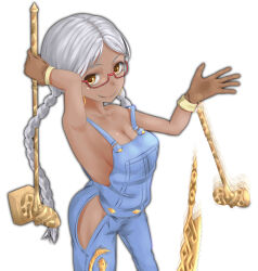 Rule 34 | 1girl, blue overalls, braid, breasts, brown gloves, cleavage, closed mouth, commentary request, dark-skinned female, dark skin, denim, earrings, feet out of frame, from side, glasses, gloves, gold, gold earrings, grey hair, hammer, hand saw, hands up, hip vent, holding, holding hammer, jewelry, long hair, looking at viewer, marian slingeneyer, medium breasts, naked overalls, orange eyes, overalls, red-framed eyewear, saw, semi-rimless eyewear, shin (highest1192), sideboob, simple background, solo, toaru majutsu no index, toaru majutsu no index: new testament, twin braids, very long hair, white background