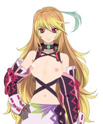 Rule 34 | 1girl, absurdres, ahoge, beazy, blonde hair, breasts, breasts out, choker, closed mouth, third-party edit, gloves, gradient hair, hand on own hip, highres, large breasts, long hair, looking at viewer, milla maxwell, multicolored hair, navel, nude filter, red eyes, skirt, solo, tales of (series), tales of xillia, third-party edit, very long hair, white background