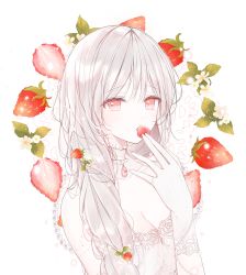 Rule 34 | 1girl, bare shoulders, breasts, cleavage, eyebrows, food, fruit, gloves, highres, long hair, looking at viewer, mattang, original, red eyes, silver hair, solo, strawberry, white gloves