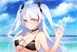 Rule 34 | 1girl, :q, azur lane, bikini, black bikini, black choker, black ribbon, blue sky, breasts, choker, chunyineo, cloud, collarbone, commentary request, day, eyes visible through hair, flag print, german flag, german flag bikini, hair between eyes, hair ribbon, heart, highres, large breasts, long hair, looking at viewer, multicolored hair, ocean, prinz eugen (azur lane), prinz eugen (unfading smile) (azur lane), red hair, ribbon, sky, solo, swimsuit, tongue, tongue out, two-tone hair, two side up, upper body, v, white hair, yellow eyes