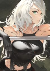 Rule 34 | 1girl, android, armlet, black shorts, black tank top, breasts, commentary, elbow gloves, english commentary, fadingz, gloves, green eyes, highres, joints, large breasts, leaning forward, long hair, nier:automata, nier (series), railing, robot joints, short shorts, shorts, tank top, white hair, a2 (nier:automata)