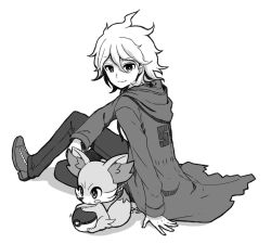 Rule 34 | 1boy, chain, commentary request, creatures (company), crossover, danganronpa (series), danganronpa 2: goodbye despair, fennekin, from side, full body, game freak, gen 6 pokemon, greyscale, hair between eyes, highres, holding, holding poke ball, hood, hood down, hooded coat, komaeda nagito, looking at viewer, looking back, male focus, messy hair, monochrome, nico (nico alice), nintendo, pants, poke ball, pokemon, pokemon (creature), shoes, short hair, simple background, sitting, smile, torn clothes, torn coat, white background