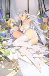 Rule 34 | 1girl, ass, borrowed character, box, breasts, cameltoe, cleavage, detached collar, dress, elbow gloves, flower, full body, gift, gift box, gloves, hair between eyes, hair ornament, hand in own hair, highres, large breasts, lipstick mark, long hair, looking at viewer, lying, on side, original, panties, plumw, red eyes, silver hair, single elbow glove, solo, thighhighs, tokisaki mio (niliu chahui), tucking hair, two side up, underwear, very long hair, white dress, white gloves, white panties, white thighhighs, x hair ornament