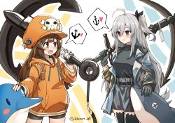 Rule 34 | 2girls, ahoge, anchor, anchor symbol, arknights, belt, bike shorts, black dress, black thighhighs, brown hair, coat, dolphin, dress, grey hair, guilty gear, guilty gear strive, hat, heart, highres, holding, holding weapon, hood, hoodie, long hair, looking at another, may (guilty gear), multiple girls, open mouth, skadi (arknights), sleepyowl (jobkung15), smile, speech bubble, thighhighs, weapon