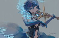 Rule 34 | 1girl, alice (sinoalice), belt, blue gloves, blue hair, breasts, cleavage, closed eyes, clothing cutout, dress, elbow gloves, gloves, grey background, highres, holding, holding instrument, holding violin, instrument, lipstick, looking to the side, makeup, music, navel cutout, parted lips, playing instrument, senryoko, short hair, signature, sinoalice, violin