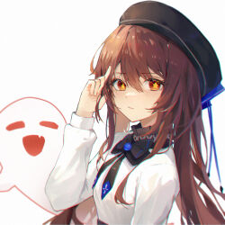 Rule 34 | 1girl, alternate costume, beret, black bow, black bowtie, black hat, boo tao (genshin impact), bow, bowtie, brown hair, closed mouth, commentary request, expressionless, flower-shaped pupils, genshin impact, ghost, hair between eyes, hand up, hat, highres, hu tao (genshin impact), index finger raised, long hair, long sleeves, looking at viewer, red eyes, shirt, simple background, solo, symbol-shaped pupils, upper body, very long hair, white background, white shirt, zyc1759606674