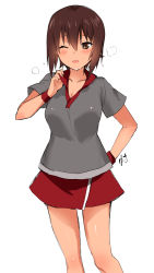Rule 34 | 10s, 1girl, artist name, collar tug, girls und panzer, grey shirt, hand on own hip, highres, looking at viewer, nishizumi maho, one eye closed, open mouth, polo shirt, red skirt, saikawa yusa, shirt, short hair, short sleeves, signature, simple background, sketch, skirt, smile, solo, sportswear, standing, steam, sweat, tennis uniform, white background, wristband