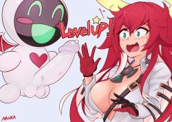 Rule 34 | 1girl, aikuxa, bodysuit, breasts, cleavage, erection, gloves, green eyes, guilty gear, guilty gear strive, halo, jack-o&#039; valentine, jewelry, medium breasts, minion (guilty gear), necklace, penis, red hair, surprised, white bodysuit