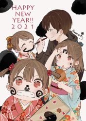Rule 34 | 1boy, 2021, 3girls, :3, :d, absurdres, artist name, blue kimono, body writing, brother and sister, brown hair, calligraphy brush, child, commentary request, drawing on another&#039;s face, facepaint, floral print, green eyes, hagoita, hanetsuki, happy new year, highres, himaro, holding, holding paddle, ink, japanese clothes, kimono, looking at viewer, multiple girls, new year, obi, open mouth, original, paddle, paintbrush, pink eyes, pink kimono, ponytail, print kimono, red kimono, sash, short hair, siblings, signature, sisters, smile, translated, triplets, twintails