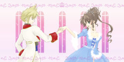 Rule 34 | 1boy, 1girl, aerith gainsborough, alternate costume, blonde hair, blue dress, bow, breasts, brown hair, cleavage, cloud strife, dancing, dress, dress bow, final fantasy, final fantasy vii, fur trim, green eyes, holding hands, jacket, long hair, long sleeves, looking at another, medium breasts, open mouth, pants, parted bangs, poyon, short hair, sidelocks, smile, spiked hair, square enix, tiara, turtleneck, updo, upper body, white jacket, white pants, window