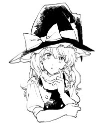 Rule 34 | 1girl, arm grab, black dress, bow, braid, buttons, dress, greyscale, hair bow, hand on own face, hat, hat bow, kirisame marisa, long hair, looking at viewer, monochrome, natsume (menthol), puffy sleeves, short sleeves, side braid, single braid, solo, thinking, touhou, white background, white bow, witch hat