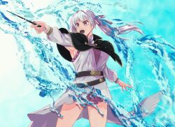 Rule 34 | 1girl, black capelet, black clover, blunt bangs, capelet, dress, grey hair, hair ribbon, highres, holding, holding wand, jacket, looking away, noelle silva, purple dress, purple eyes, purple ribbon, ribbon, solo, sumuna sunaco, thighs, twintails, wand, water, white jacket